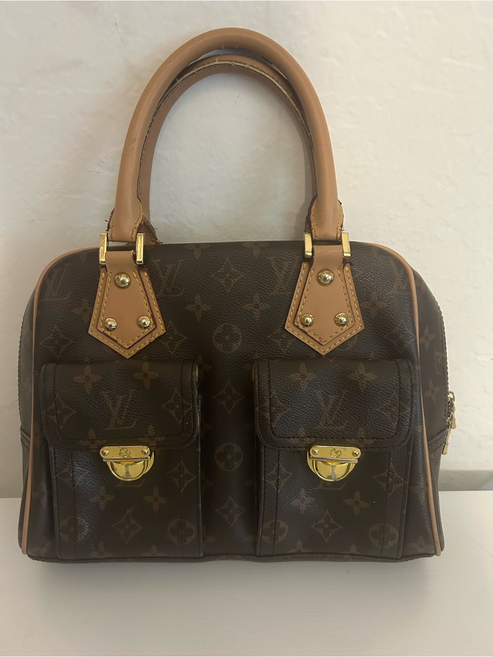 Louis Vuitton Brown Monogram Satchel with Tan Trim and Gold Hardware